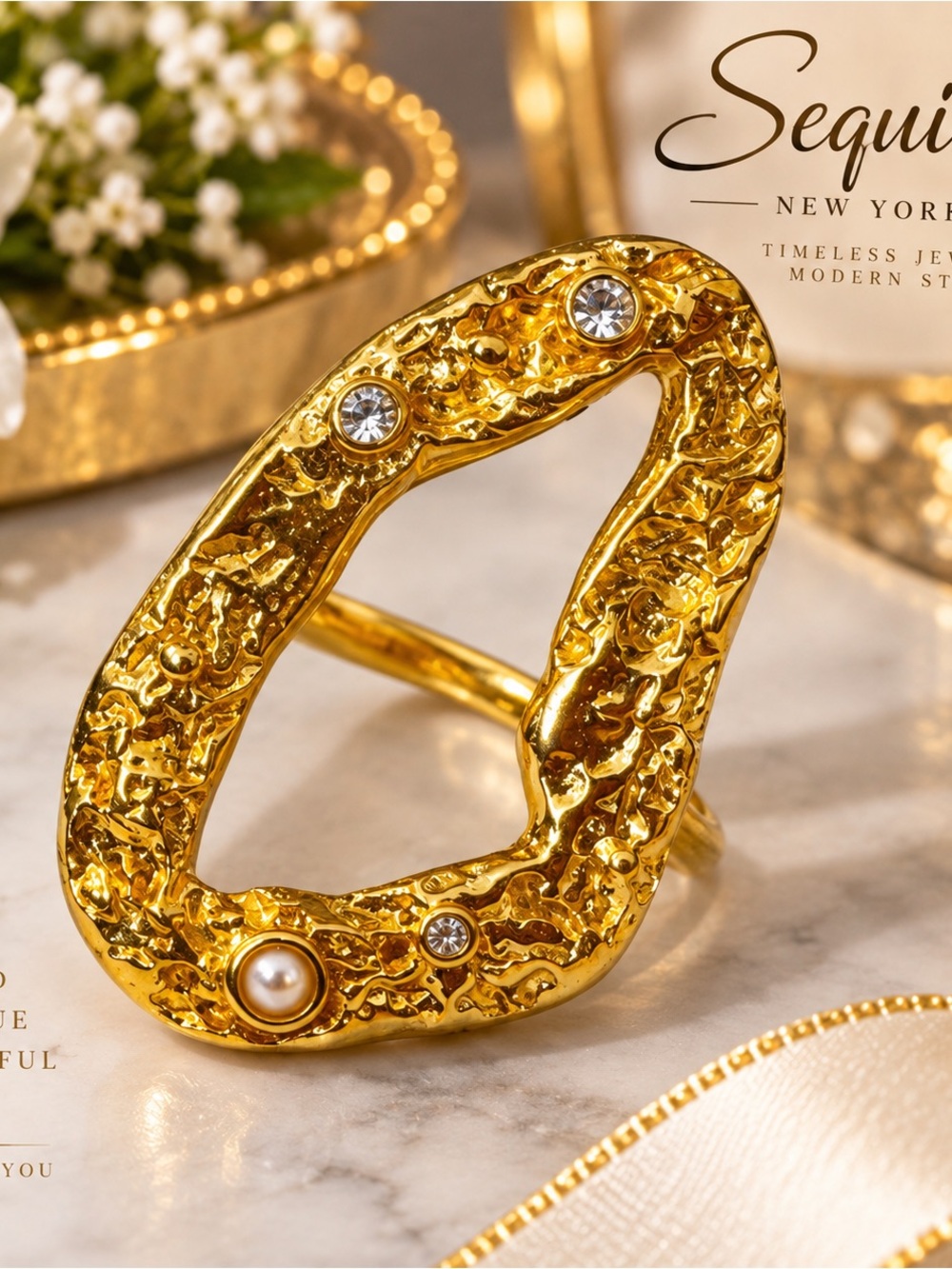 Gold Textured Open Oval Ring with Crystal and Pearl Accents